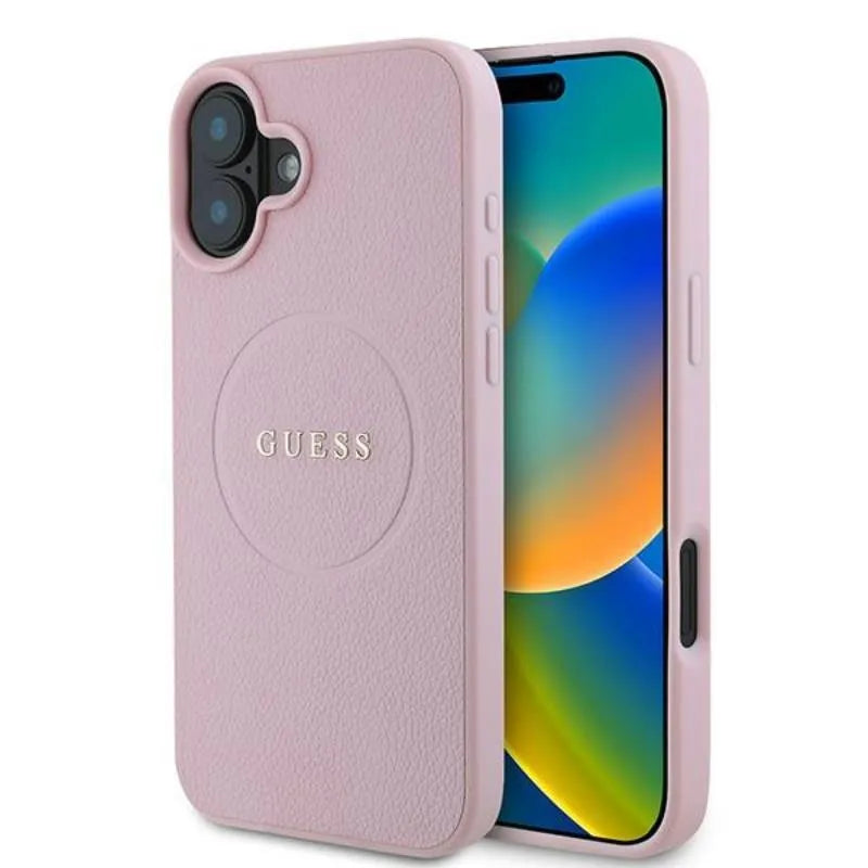 Guess Grained Ring MagSafe – Dėklas iPhone 16 Plus (rožinis)