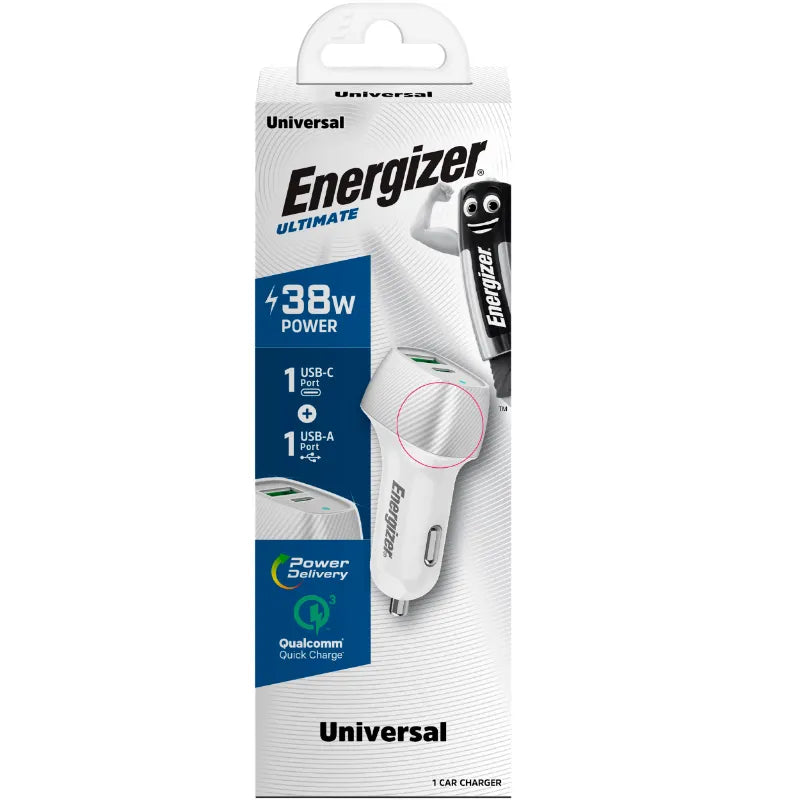Energizer Ultimate – automobilinis įkroviklis USB-C ir USB-A 38W PD + QC3.0 (balta / sidabrinė)