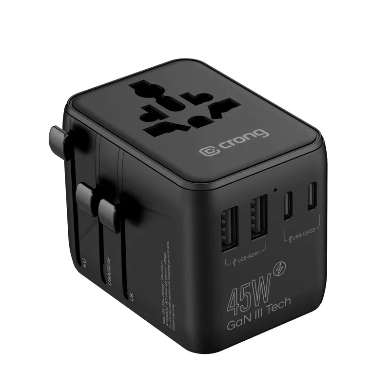 Crong One World kelioninis adapteris – universalus GaN kelioninis adapteris 45W UK/EU/US/AU (juodas)