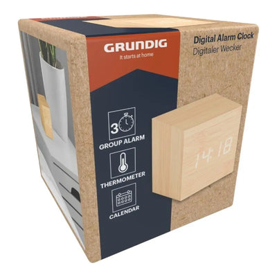 Grundig – Skaitmeninis LED žadintuvas su termometru ir kalendoriumi (šviesiai rudas)