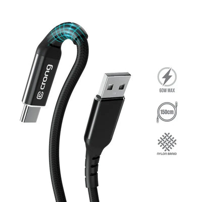 Crong Armor Link – 60W PD 3A USB-A į USB-C laidas 150cm (juodas)