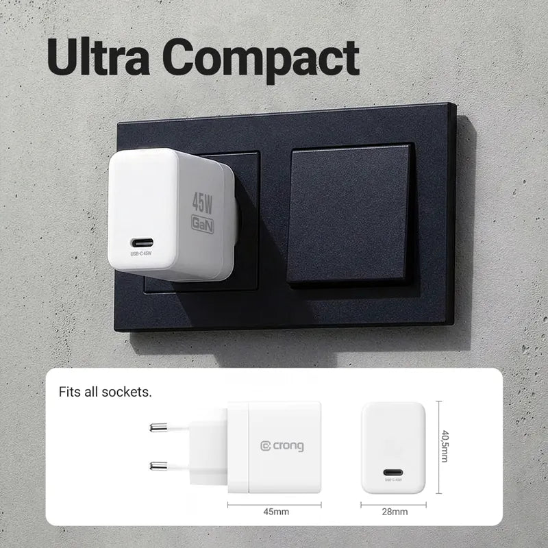 Crong Ultra Compact GaN – USB-C 45W PD 3.0 sieninis įkroviklis su PPS (baltas)