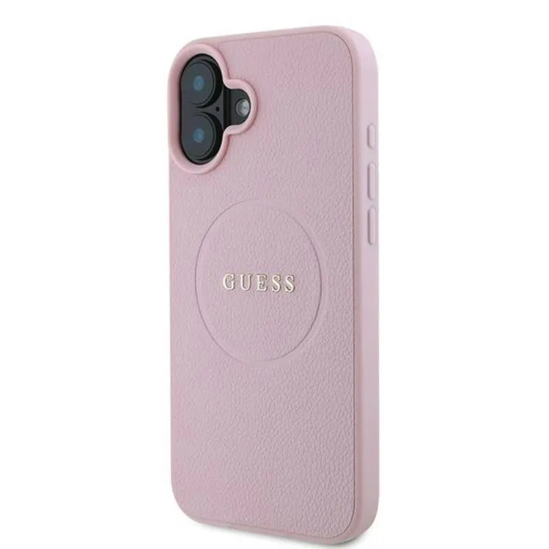 Guess Grained Ring MagSafe – Dėklas iPhone 16 Plus (rožinis)