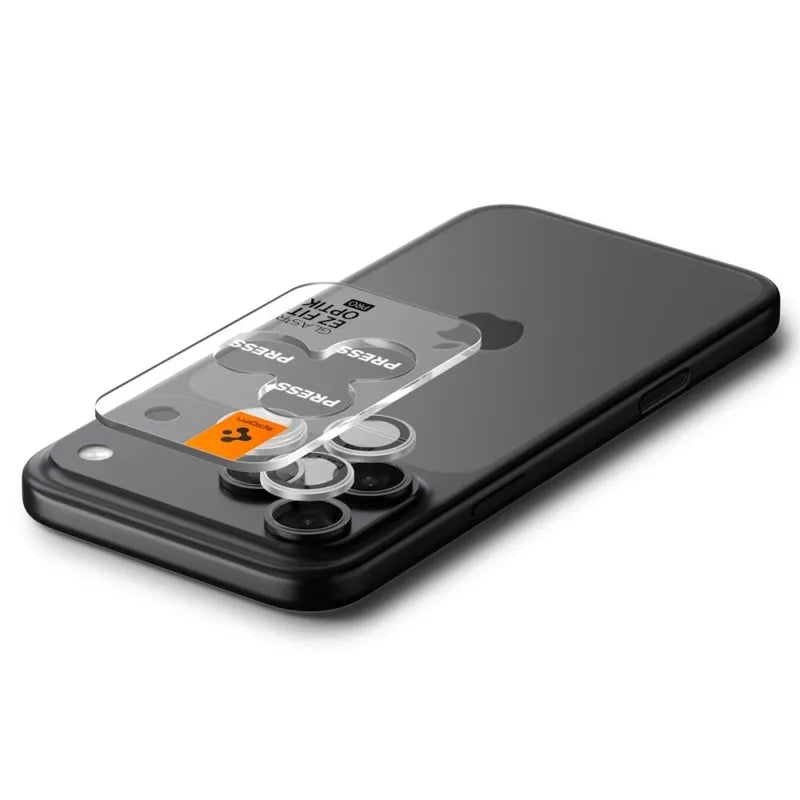 Spigen Optik Pro GLAS.TR EZ Fit kameros apsauga, 2 pakuotė - stiklinė objektyvo apsauga skirta iPhone 16 Pro / 16 Pro Max / 17 Pro / 17 Pro Max (2 vnt.) (Sidabrinė)