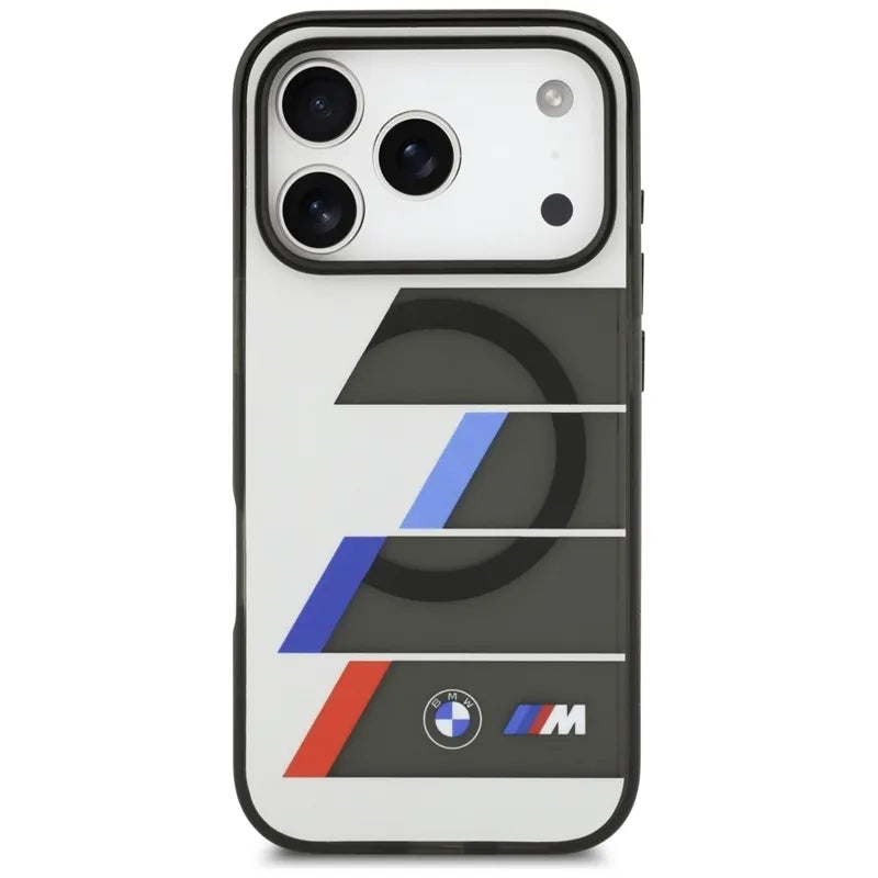 BMW M IML Metal Buttons Tricolor Lines MagSafe – dėklas iPhone 17 Pro Max (antracito spalvos)