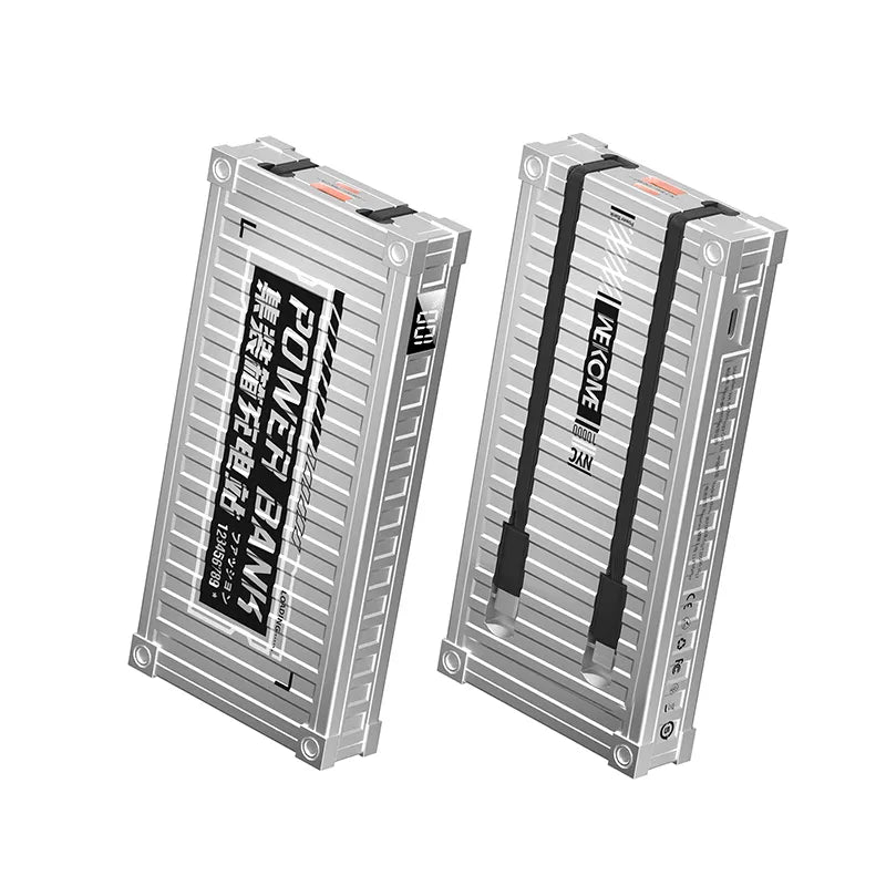 WEKOME WP-339 Container Series – 10000 mAh išorinė baterija su integruotu USB-C ir Lightning laidu, PD 20W + QC 22.5W greitasis įkrovimas (sidabrinė)