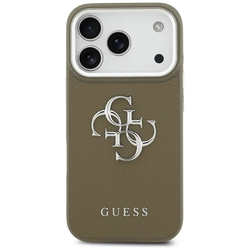 Guess Grained Big 4G Classic Logo – dėklas, skirtas iPhone 17 Pro (rudas)