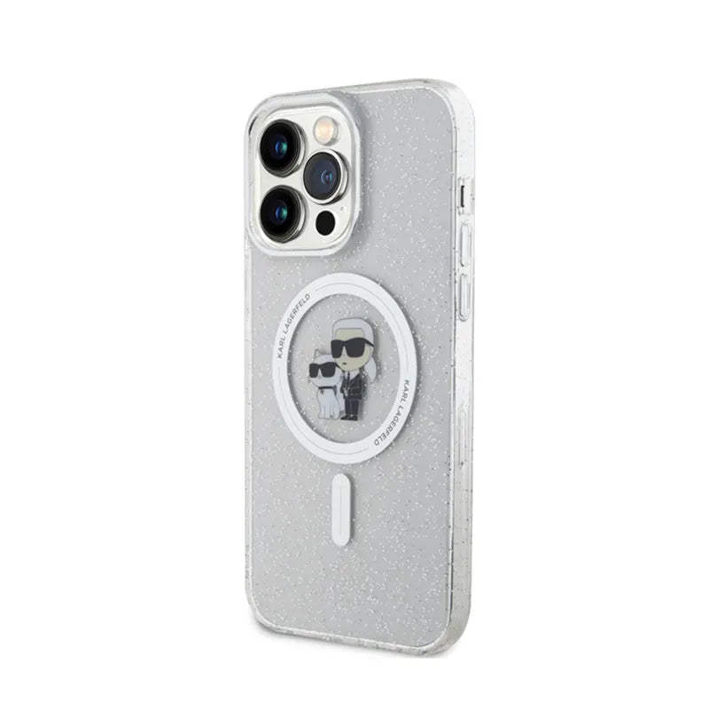 Karl Lagerfeld Karl & Choupette Glitter MagSafe dėklas, skirtas iPhone 15 Pro Max (skaidrus)