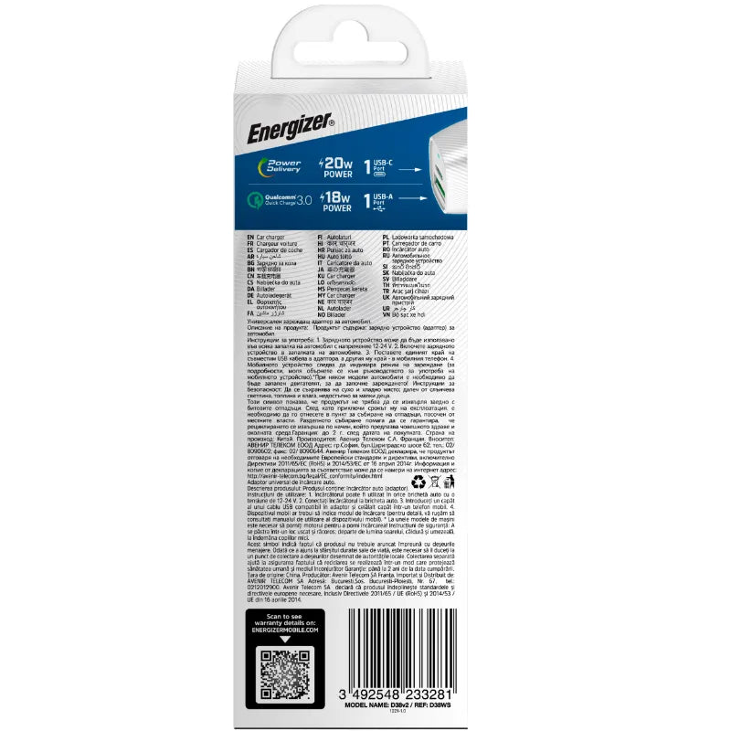 Energizer Ultimate – automobilinis įkroviklis USB-C ir USB-A 38W PD + QC3.0 (balta / sidabrinė)