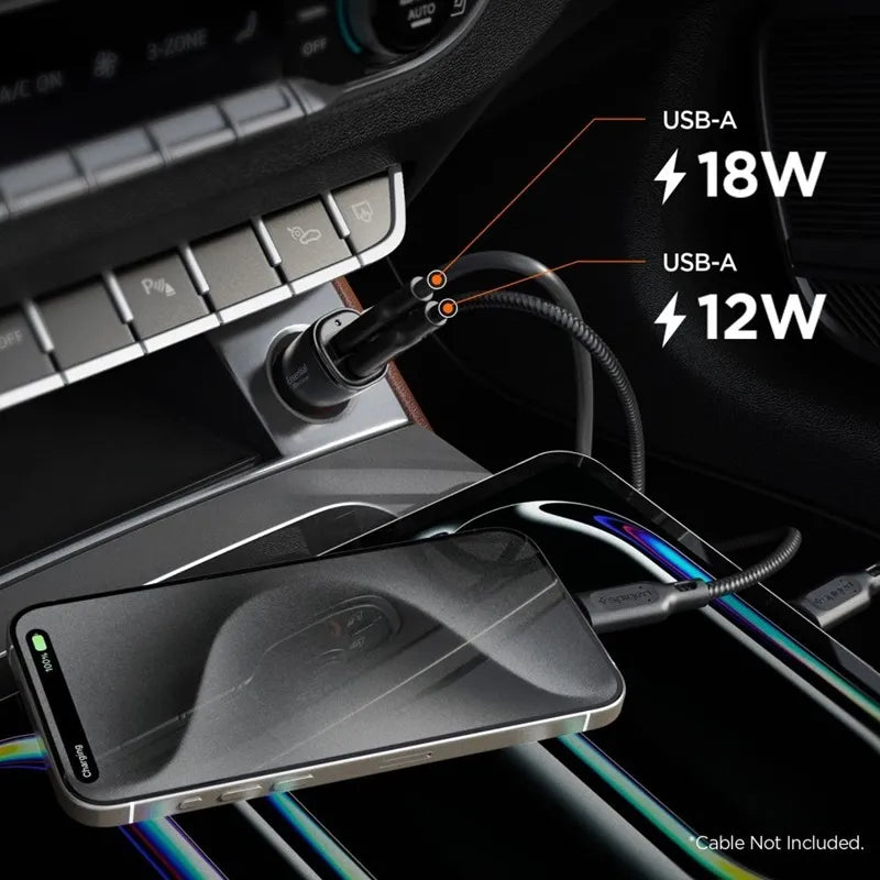 Spigen Essential EV302 – automobilinis įkroviklis 2x USB-A 30W (juodas)