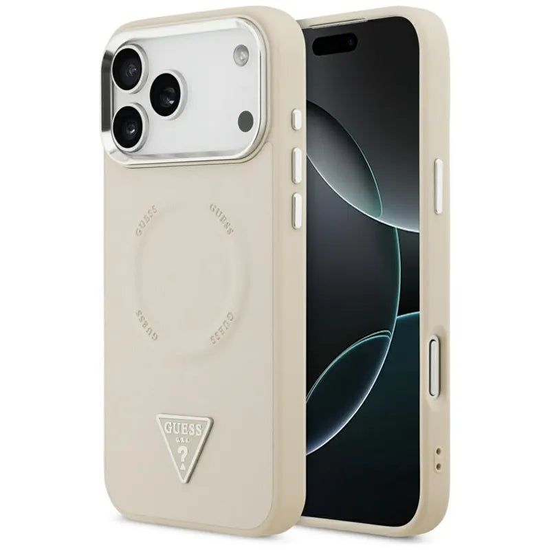 Guess Triangle Logo MagSafe dėklas iPhone 17 Pro Max (smėlio spalvos)