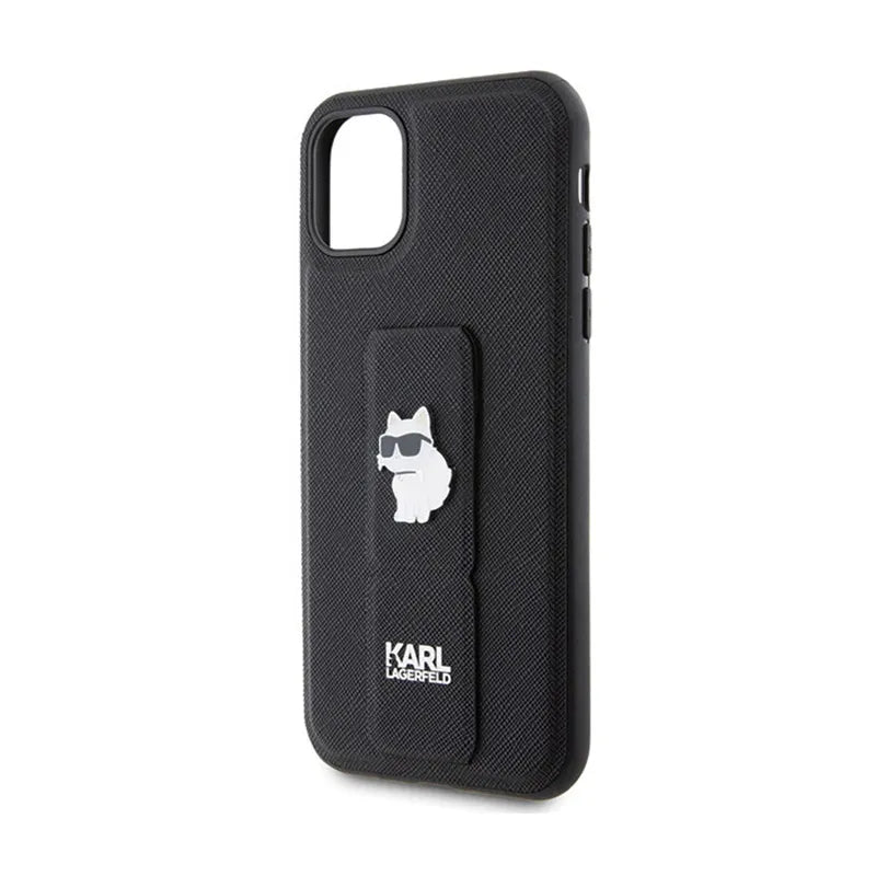 Karl Lagerfeld Gripstand Saffiano Choupette Pins – dėklas Apple iPhone 11 (juodas)