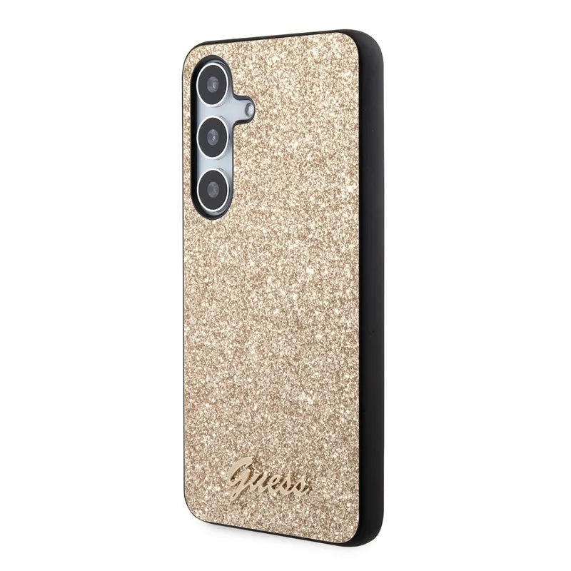 Guess Glitter Flakes Metal Logo dėklas – dėklas Samsung Galaxy S24 (auksinis)