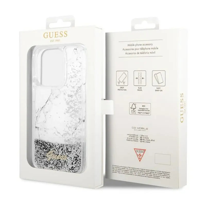 Guess Liquid Glitter Marble – dėklas iPhone 14 Pro (baltas)