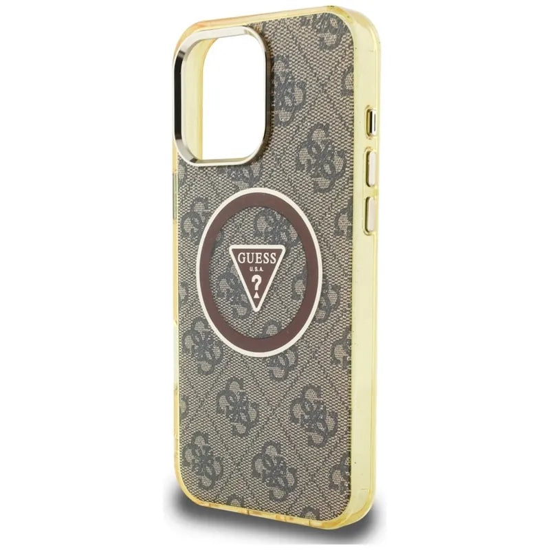 Guess IML Metal Glitter 4G Circle Triangle MagSafe – dėklas, skirtas iPhone 16 Pro Max (rudos spalvos)