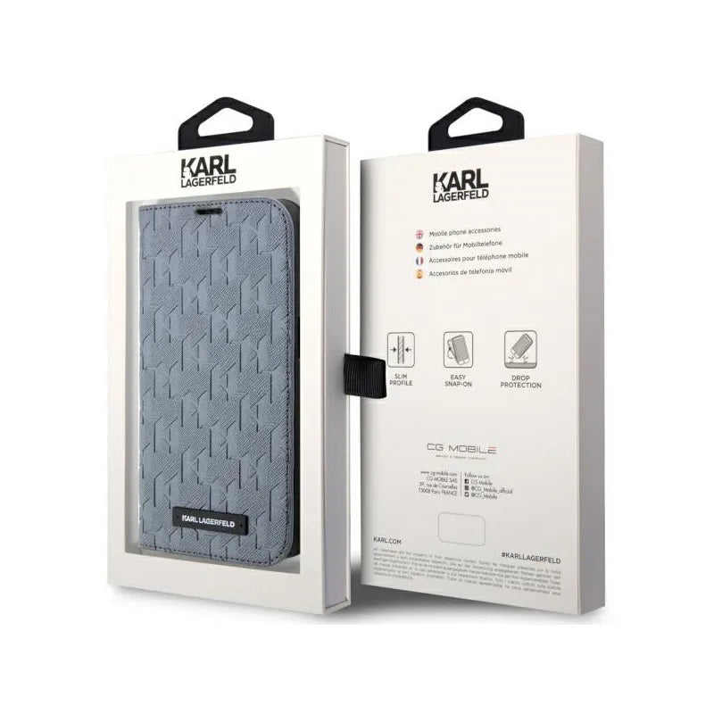 Karl Lagerfeld Booktype Saffiano Monogram – Dėklas iPhone 14 (Sidabrinis)