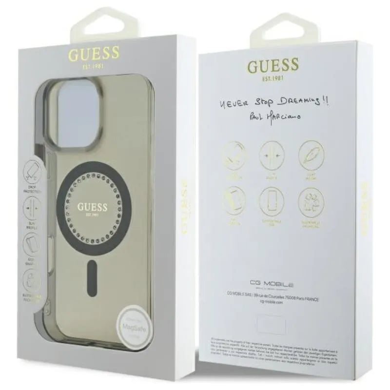 Guess IML Rhinestones MagSafe – dėklas iPhone 16 Pro Max (juodas)