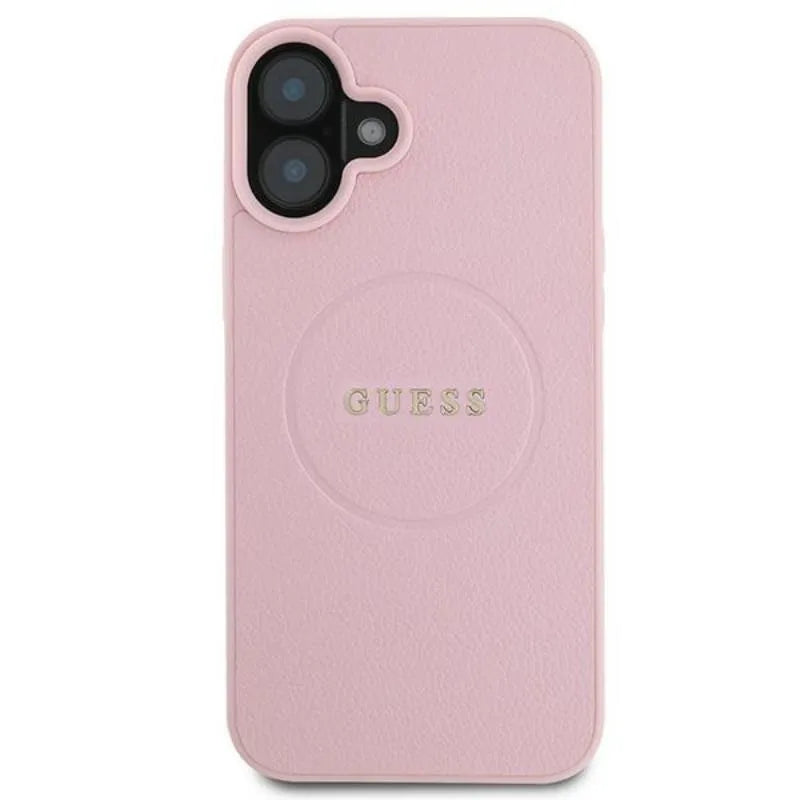 Guess Grained Ring MagSafe – Dėklas iPhone 16 Plus (rožinis)
