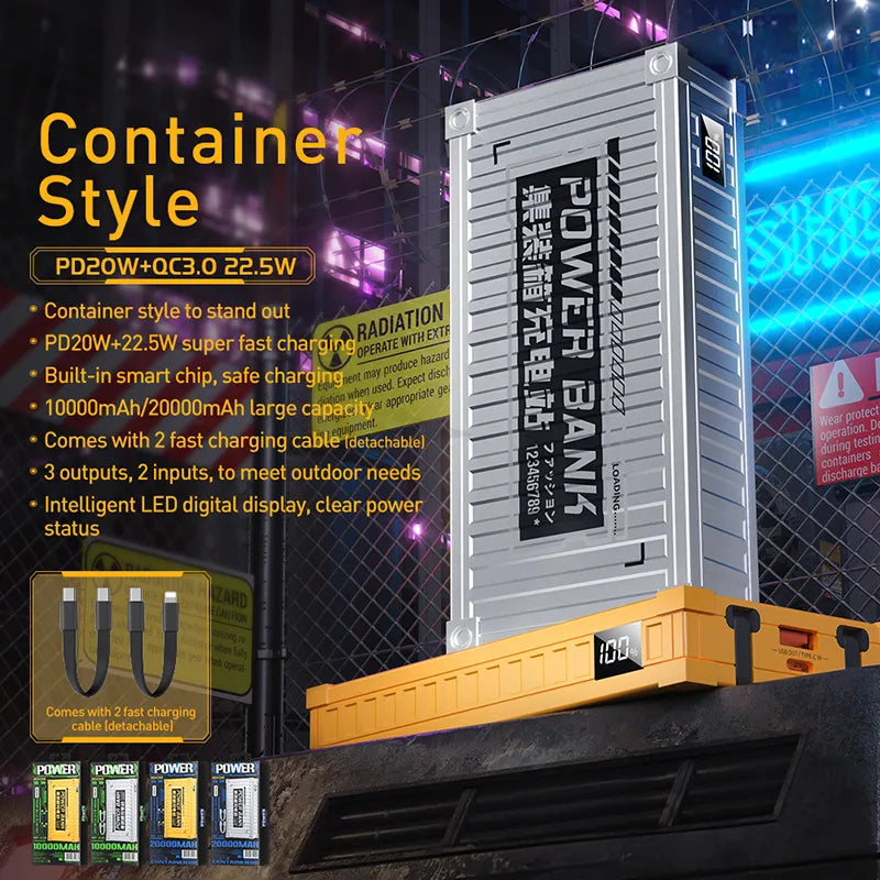 WEKOME WP-339 Container Series – 10000 mAh išorinė baterija su integruotu USB-C ir Lightning laidu, PD 20W + QC 22.5W greitasis įkrovimas (sidabrinė)