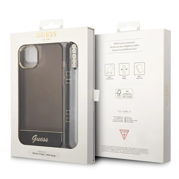 Guess Translucent Pearl Strap – dėklas iPhone 14 Plus (juodas)