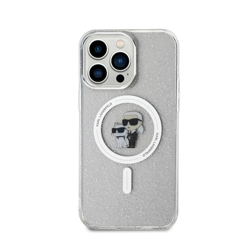 Karl Lagerfeld Karl & Choupette Glitter MagSafe dėklas, skirtas iPhone 15 Pro Max (skaidrus)