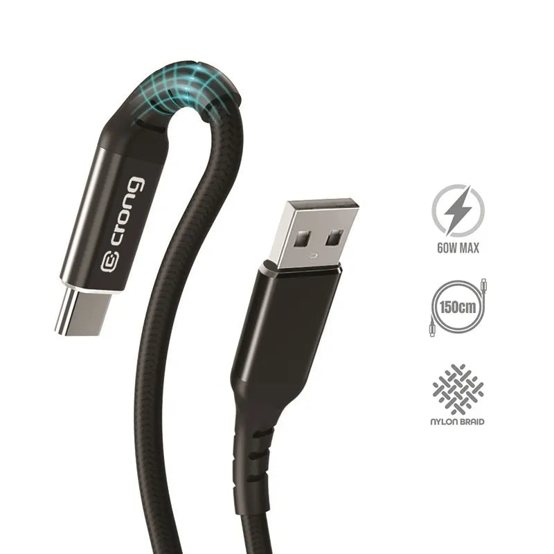 Crong Armor Link – 60W PD 3A USB-A į USB-C laidas 150cm (juodas)