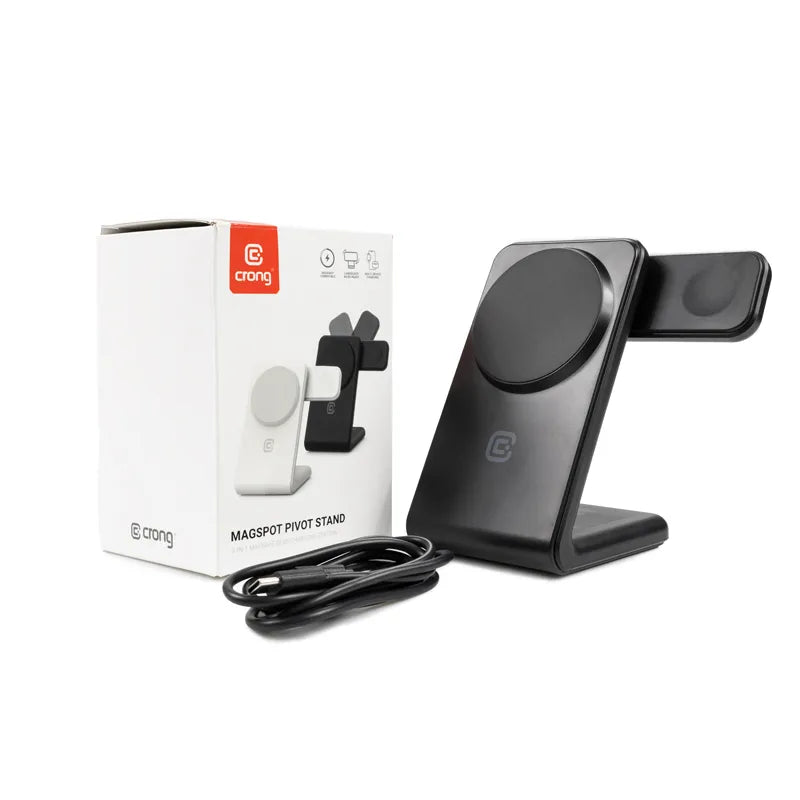 „Crong MagSpot Pivot Stand“ – 3-in-1 belaidis įkroviklis su „MagSafe“, skirtas „iPhone“, „Apple Watch“ ir „AirPods“ (juodas)