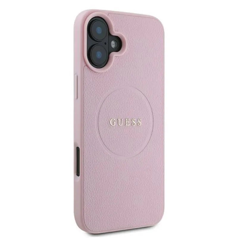 Guess Grained Ring MagSafe – Dėklas iPhone 16 Plus (rožinis)