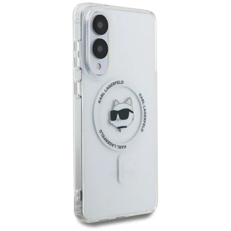 Karl Lagerfeld Button Choupette Head Printed Logo MagSafe – dėklas Samsung Galaxy S25 Edge (baltas)