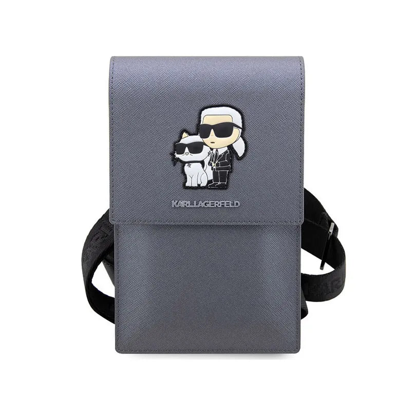Karl Lagerfeld Saffiano NFT Karl & Choupette - krepšys išmaniajam telefonui ir priedams (sidabrinis)