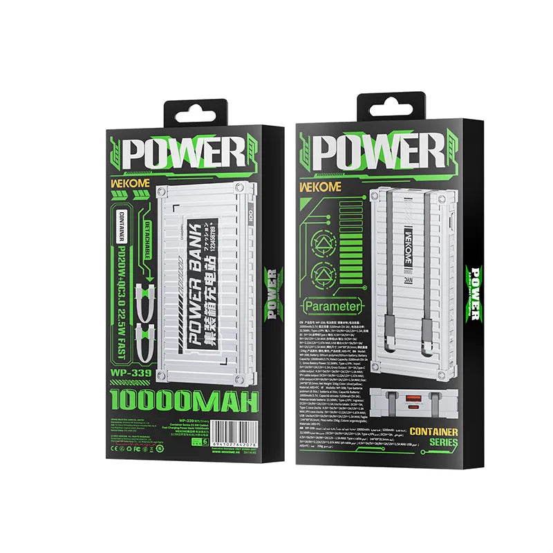 WEKOME WP-339 Container Series – 10000 mAh išorinė baterija su integruotu USB-C ir Lightning laidu, PD 20W + QC 22.5W greitasis įkrovimas (sidabrinė)