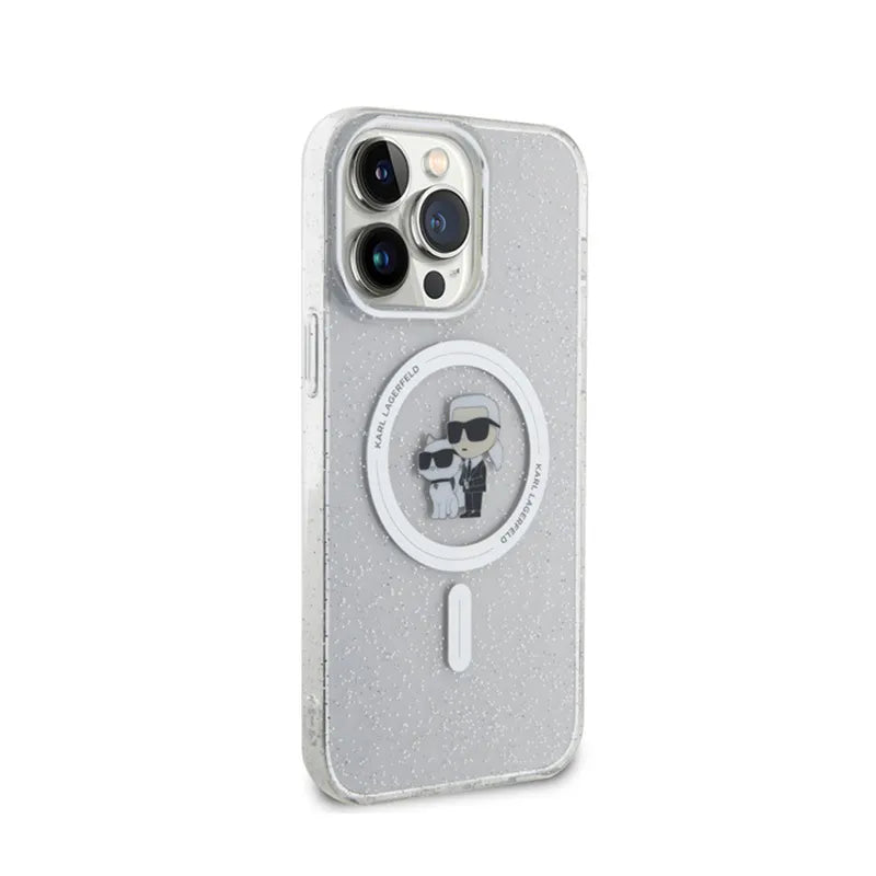 Karl Lagerfeld Karl & Choupette Glitter MagSafe dėklas, skirtas iPhone 15 Pro Max (skaidrus)