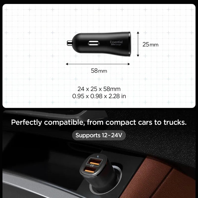 Spigen Essential EV302 – automobilinis įkroviklis 2x USB-A 30W (juodas)