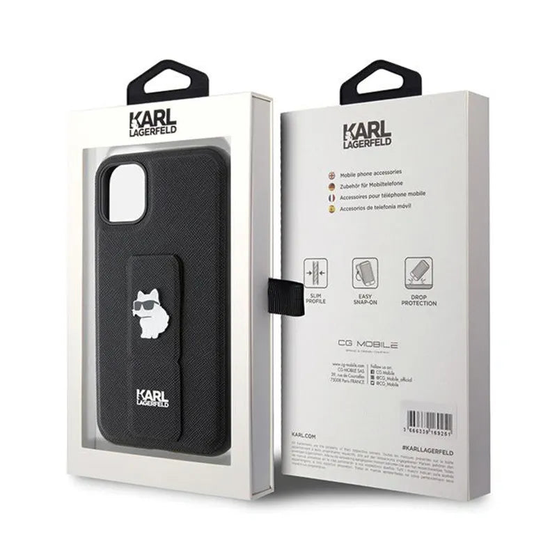 Karl Lagerfeld Gripstand Saffiano Choupette Pins – dėklas Apple iPhone 11 (juodas)