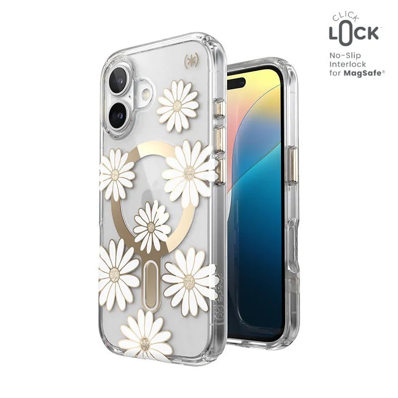 Speck Presidio Lux ClickLock & MagSafe – iPhone 16 dėklas (Sunshine Daisies / Skaidrus / Auksas)