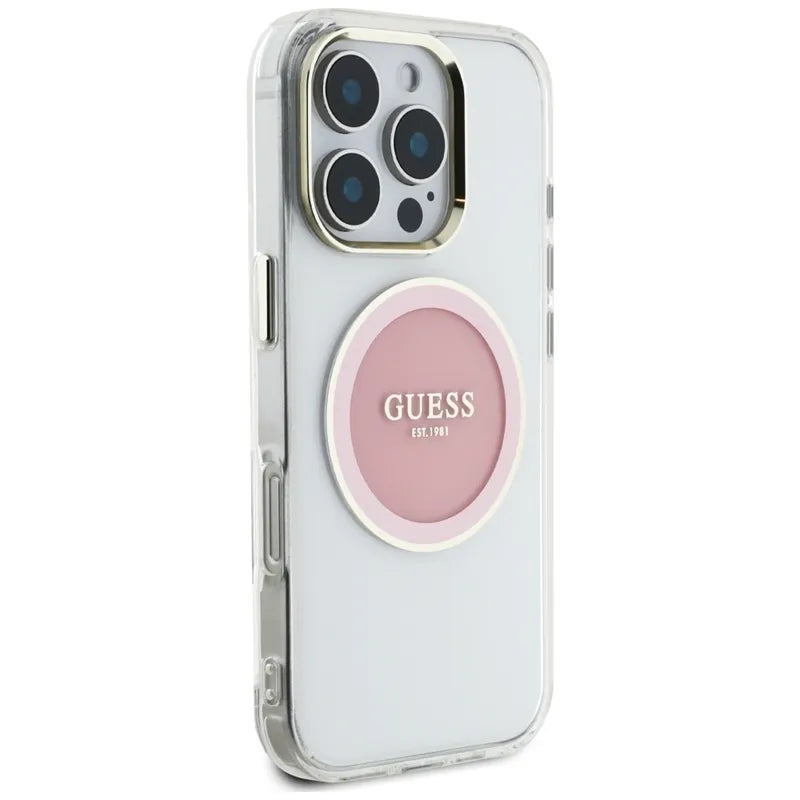 Guess IML Metal Colored Circle Classic Logo MagSafe – dėklas iPhone 16 Pro (rožinis)