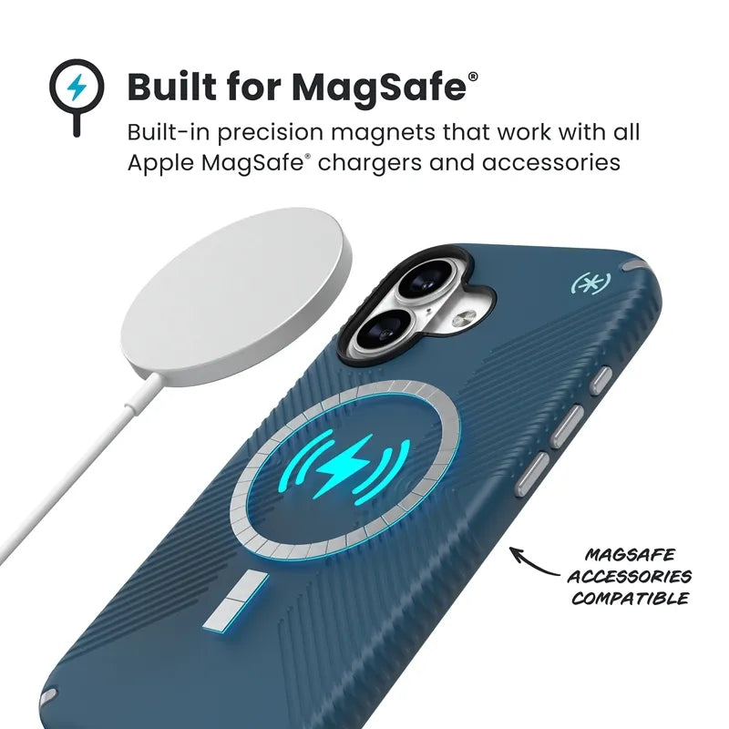 Speck Presidio2 Grip MagSafe – „iPhone 17“ dėklas („Deep Sea“ / sidabrinė metalo spalva)