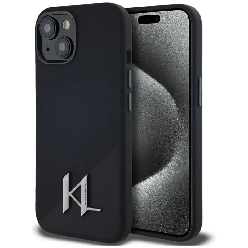 Karl Lagerfeld Silicone Shadow Metal Initial MagSafe – dėklas iPhone 15 (juodas)
