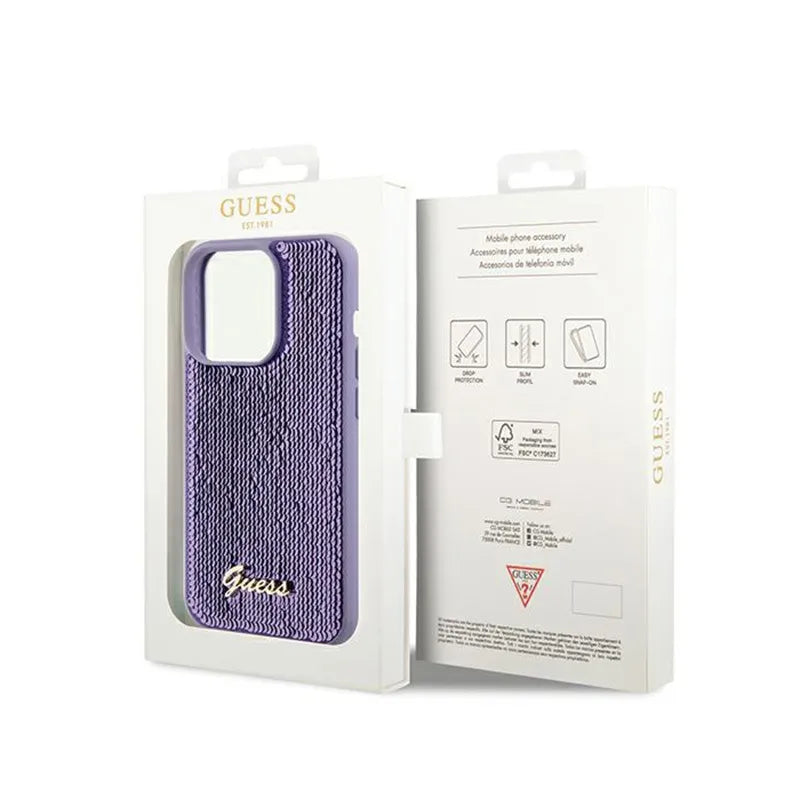 Guess Sequin Script Metal - Dėklas, skirtas iPhone 14 Pro Max (violetinis)