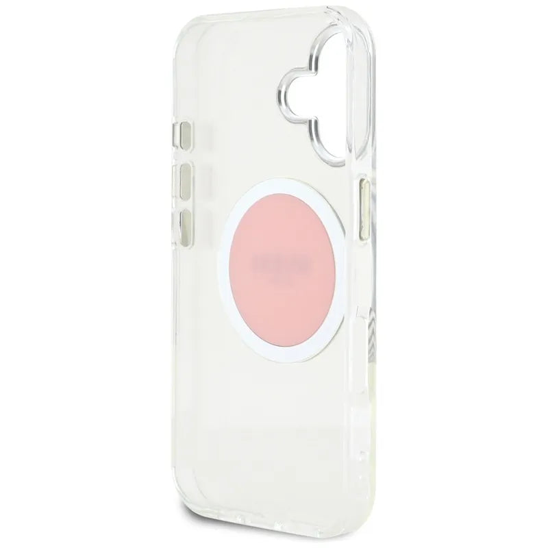 Guess IML Metal Colored Circle Classic Logo MagSafe - Dėklas iPhone 16 (rožinis)