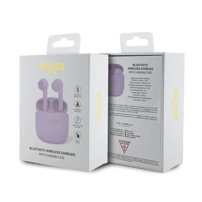 Guess True Wireless Script Logo BT5.3 – TWS ausinės su įkrovimo dėklu (violetinės)