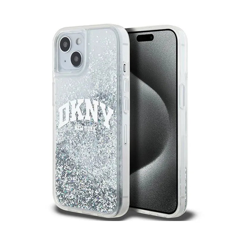 DKNY Liquid Glitter Big Logo – dėklas iPhone 15 / 14 / 13 (baltas)