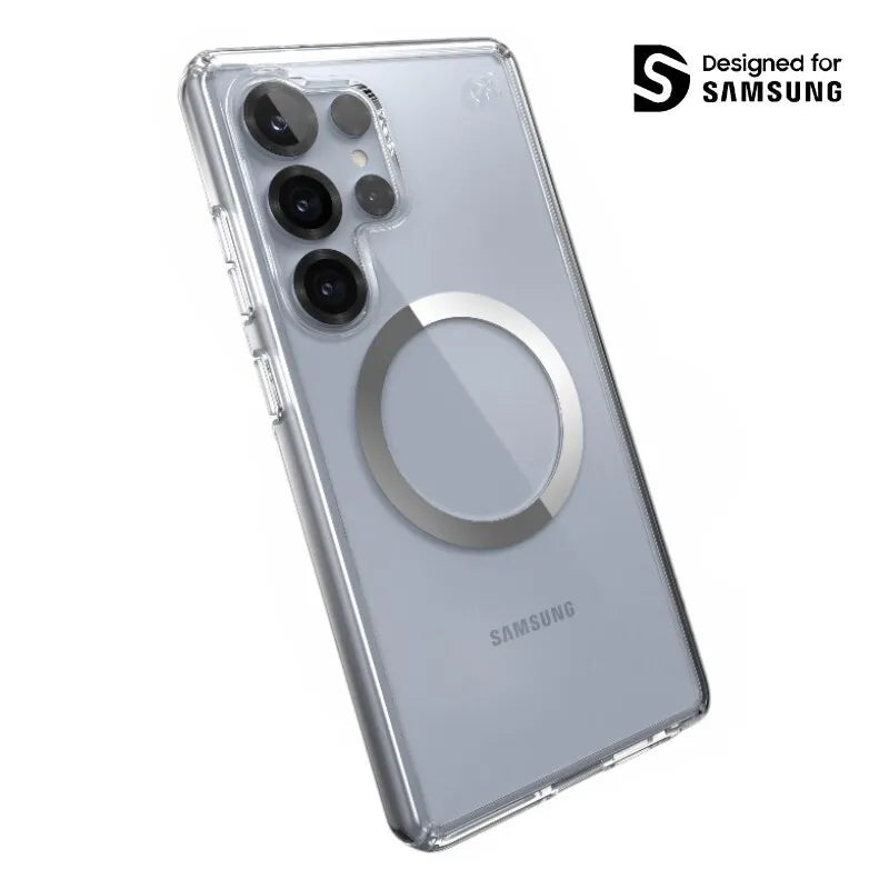 Speck Presidio Perfect-Clear Magnet – Samsung Galaxy S25 Ultra MagSafe dėklas (skaidrus / chromo apdaila / Serene Silver)