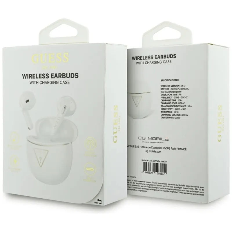 Guess Gold Line Triangle – TWS „Bluetooth“ ausinės + įkrovimo dėklas (baltos)