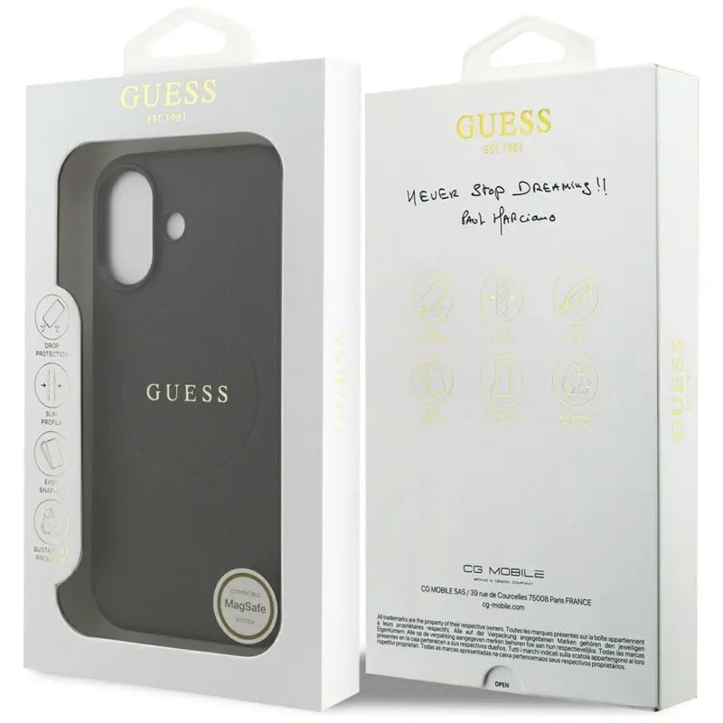 Guess Grained Ring MagSafe – dėklas iPhone 17 (juodas)