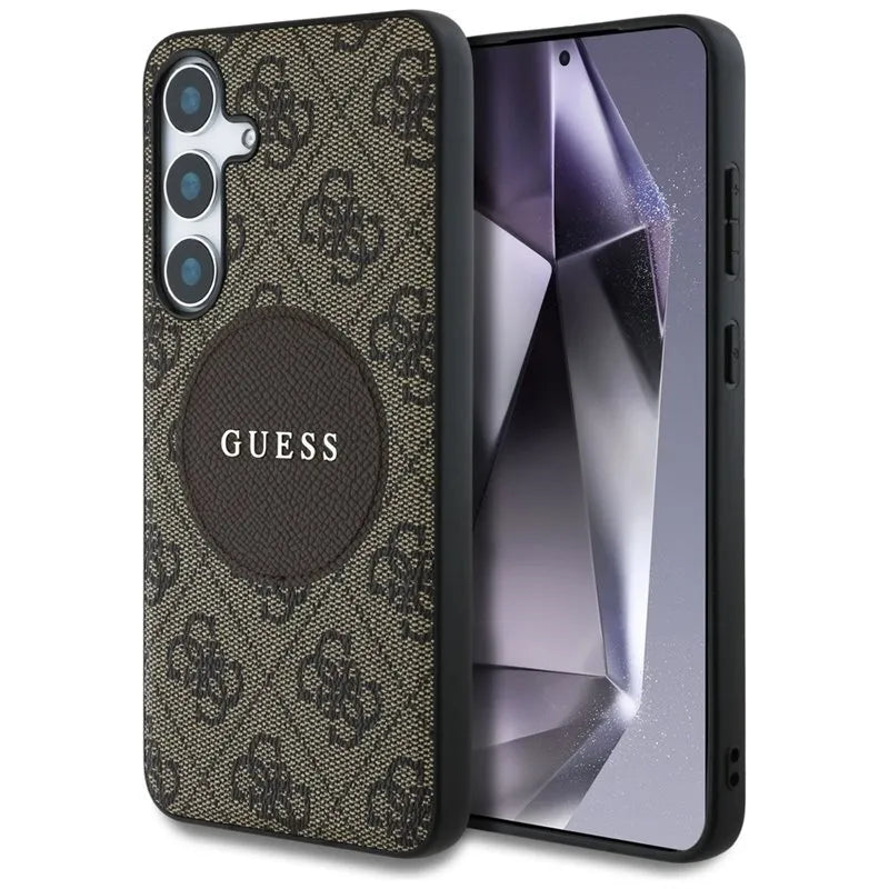 Guess 4G Round Patch Classic Logo MagSafe – dėklas Samsung Galaxy S25+ (rudas)