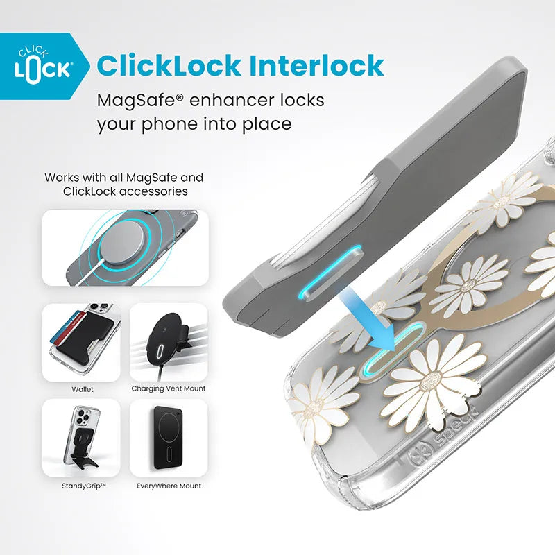 Speck Presidio Lux ClickLock & MagSafe – iPhone 16 dėklas (Sunshine Daisies / Skaidrus / Auksas)