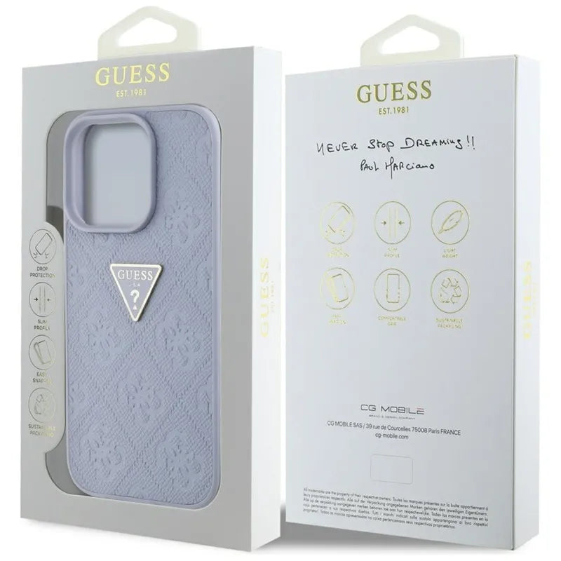 Guess Hot Stamp 4G Pattern Triangle Metal Logo – dėklas iPhone 16 Pro Max (violetinis)