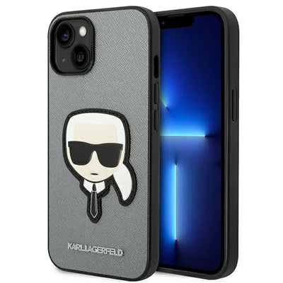 Karl Lagerfeld Saffiano Karl Head Patch dėklas iPhone 14 Plus (sidabrinis)