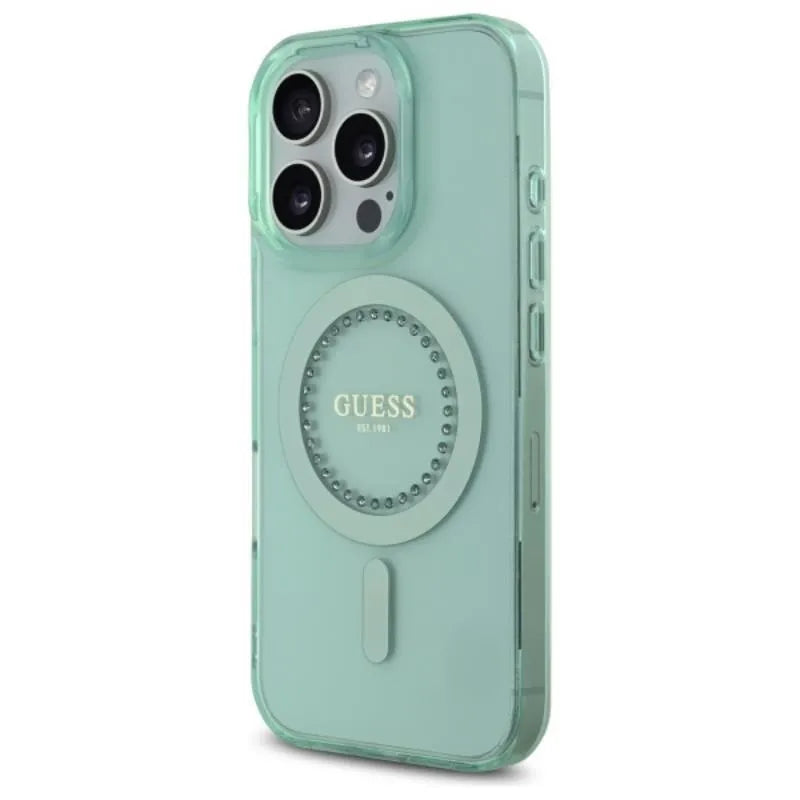 Guess IML Rhinestones MagSafe – dėklas iPhone 16 Pro Max telefonui (žalias)